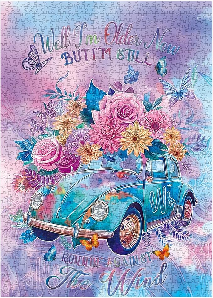 Colorful Car Flower Puzzles for Adults 1000 Pieces, Gradient Inspirational Plant Art Jigsaw Puzzles, Beautiful Butterfly Floral Impossible Aesthetic Puzzle