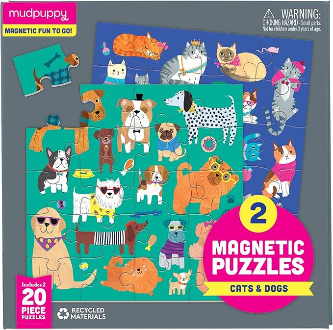 Mudpuppy Cats & Dogs - Tri Fold Magnetic Puzzles Featuring Two 20 Piece Cat and Dog Themed Artwork