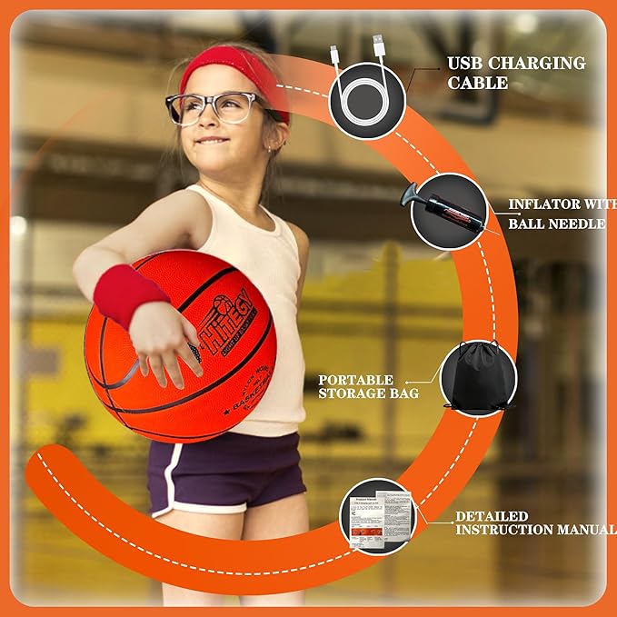 Rechargeable Glow in the Dark Basketball - USB Charging, Water-Resistant, Size 7, Impact Activated, Includes Pump & Charging Cable - Rechargeable Light Up Basketball (Orange, with Bag)