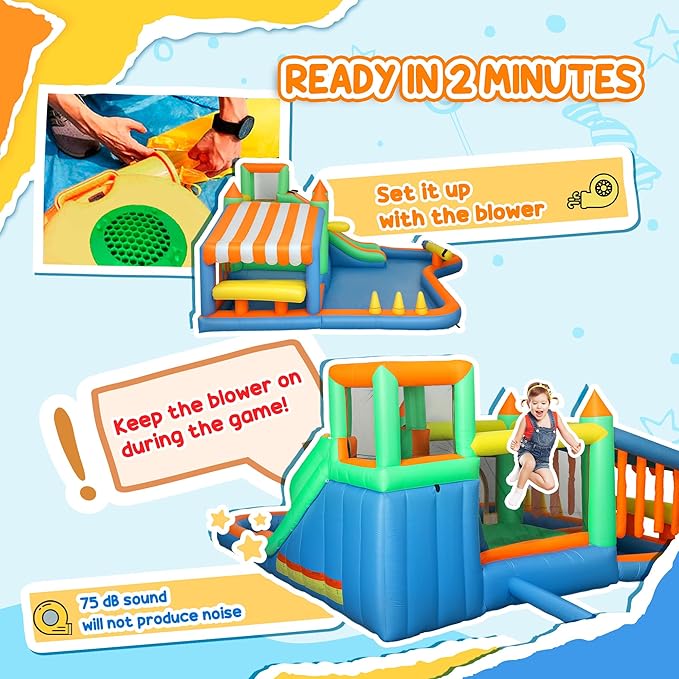 Qaba Inflatable Water Slide with Large Splash Pool, 8 in 1 Bouncy House Water Park with 550W High Power Blower, Ball Pit, Water Cannon, Climbing Wall, Toss Ring, Basketball Hoop