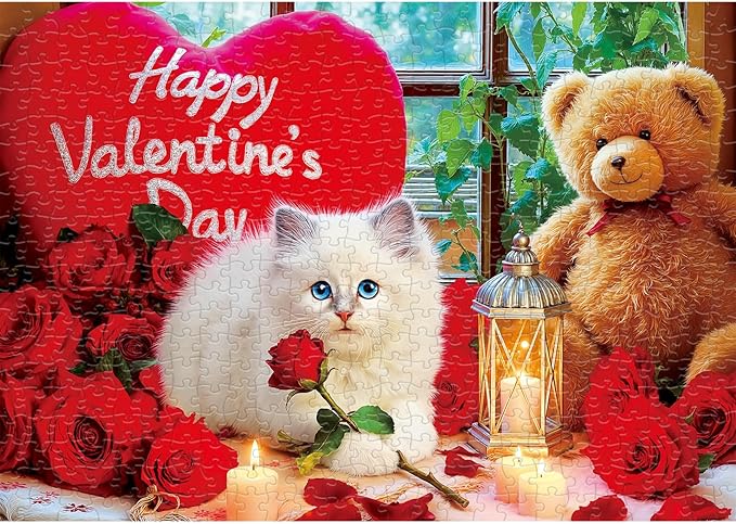Sutinban Valentine 500 Piece Puzzle for Adults, White Cat Red Rose Bear Colorful Jigsaw Puzzle, Romantic Candlelight Greaty Family Game Sweet Heart Night Valentine Gifts for Man Woman Decor
