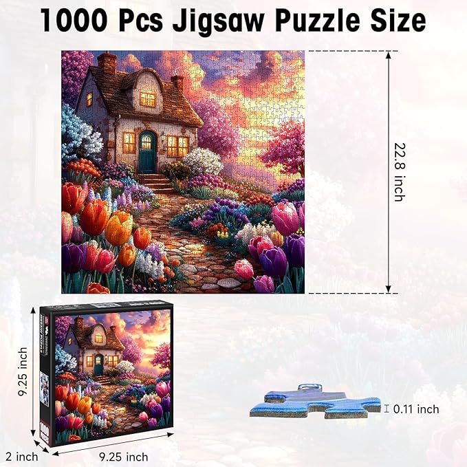 1000 Pieces Jigsaw Puzzles for Adults, Dreamy Cottage Garden with Tulips Puzzle with Letters on Back, 22.8×22.8 Inch Hard Difficult Challenging Adult Puzzle for Gift & Home Decor