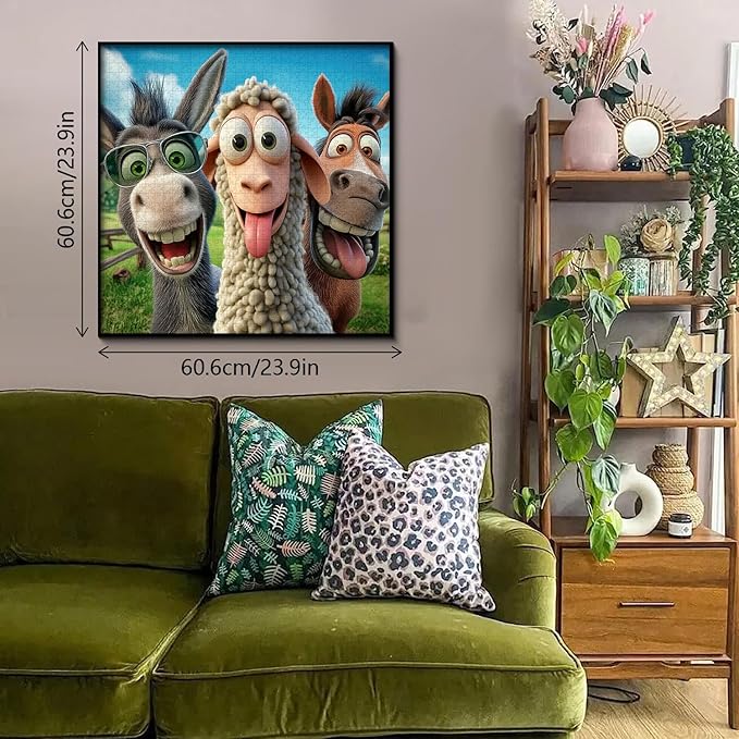 PICKFORU Laughing Ranch Jigsaw Puzzles 1000 Pieces, Funny Farm Animal Puzzles for Adults, Donkey Horse Sheep Puzzle as Home Decor
