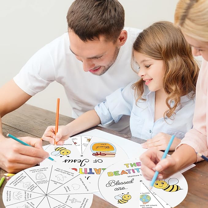 COcnny Religious Coloring Wheel Craft - 24 Sets Beatitudes Christian Craft for Kid, Color Your Own Jesus Art Kit, Biblical Bee DIY Crafts for Sunday School Classroom Church Activities VBS Supplies