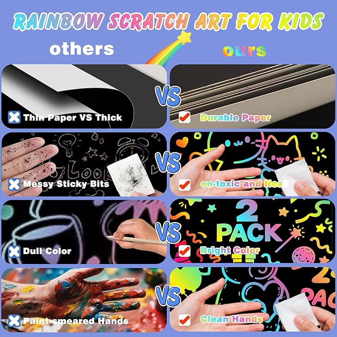 Scratch Art Crafts Kit for Kids – 2 Pack Rainbow Scratch Paper Notebooks with Wooden Styluses and Drawing Stencils, Magic Art Supplies Birthday Christmas Gifts Party Favors for Boys Girls Ages 3-10