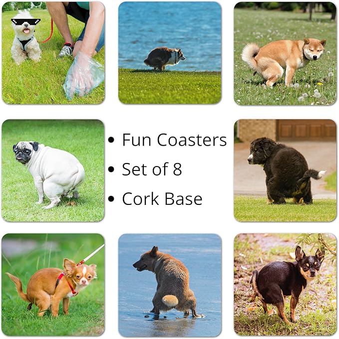 8 Pooping Dogs Funny Coasters for Drinks - Absorbent Cork Base Home Decor Coaster Set for Tabletop Protection, Dog Decor for Dog Lovers, Hilarious Drink Coasters Set Gag