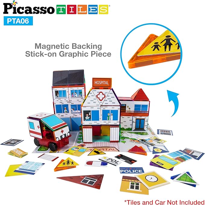 PicassoTiles 80pc School, Hospital, Police Station 3-in-1 Theme Magnet Self Adhesive Backing Stick-On Puzzle Graphic Kit and Overlay Maps for Magnetic Building Blocks STEM Learning Construction Toy