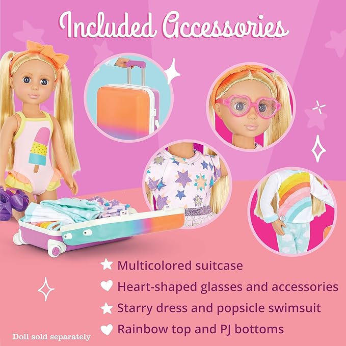 Glitter Girls – 14-Inch Doll Clothes & Accessories– Suitcase & Fashion Set – Luggage with 3 Mix & Match Outfits & Heart Glasses – Rainbow Pajama, Swimsuit, Star – Print Dress – 3+ Years