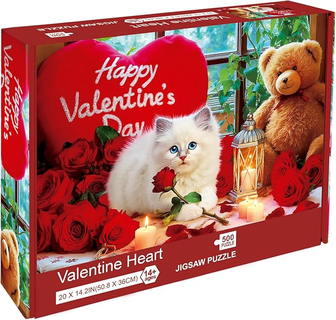 Sutinban Valentine 500 Piece Puzzle for Adults, White Cat Red Rose Bear Colorful Jigsaw Puzzle, Romantic Candlelight Greaty Family Game Sweet Heart Night Valentine Gifts for Man Woman Decor