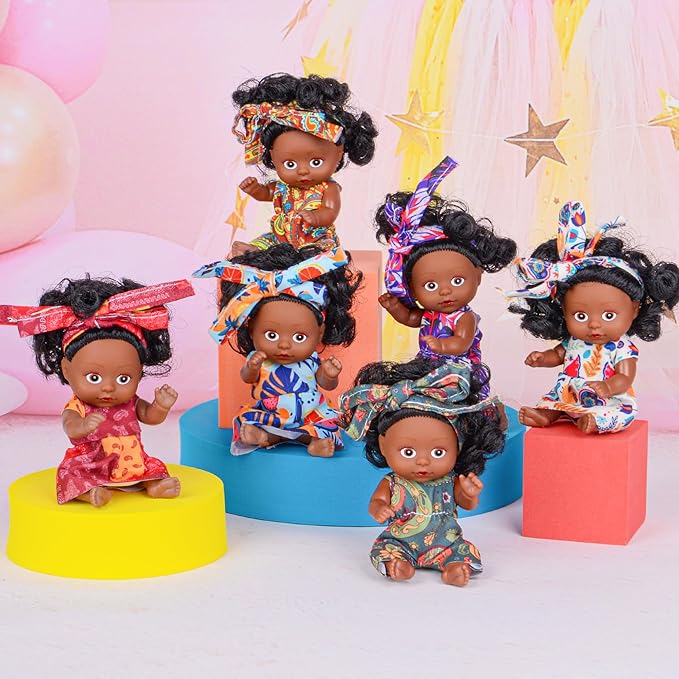 dollbie 6 Pack 4 Inch African Girl Dolls Set - Black Mini Dolls with Colorful Outfits & Hairbands – Gift for Girls 3-6, 6-12 Educational Toys & Decorative Figures