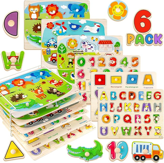 Attmu Wooden Puzzles for Toddlers, 6 Pcs Alphabet Puzzle ABC Shape Number Animal Farm Puzzle, Learning Toys for Kids, Preschool Educational Activities Toddler Gift Toys for Girls Boys Christmas Easter