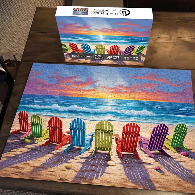 Beach Puzzles for Adults 1000 Pieces and up, PICKFORU Colorful Puzzle Collection Lounge Chair Beach Scene, Summer Puzzle as Home Decor