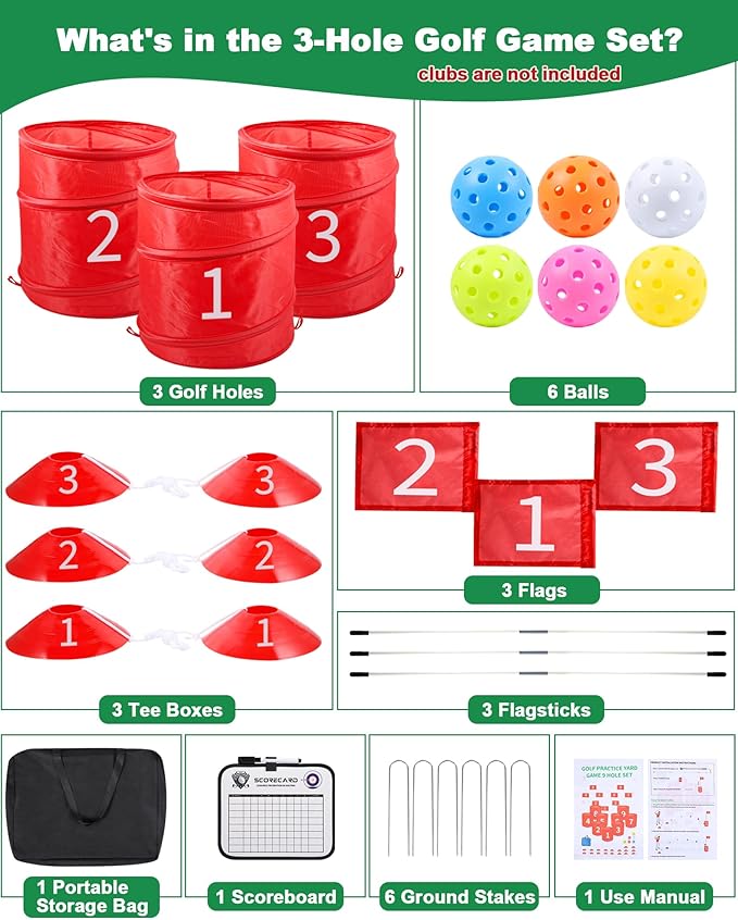 Backyard Golf Game, Portable 3 Hole Outdoor Golf Course for Indoor & Outdoor Play, Yard Golf Practice Game Gifts for Family and Adults, Lawn Beach Yard Park Golfgame for Adults - No Clubs