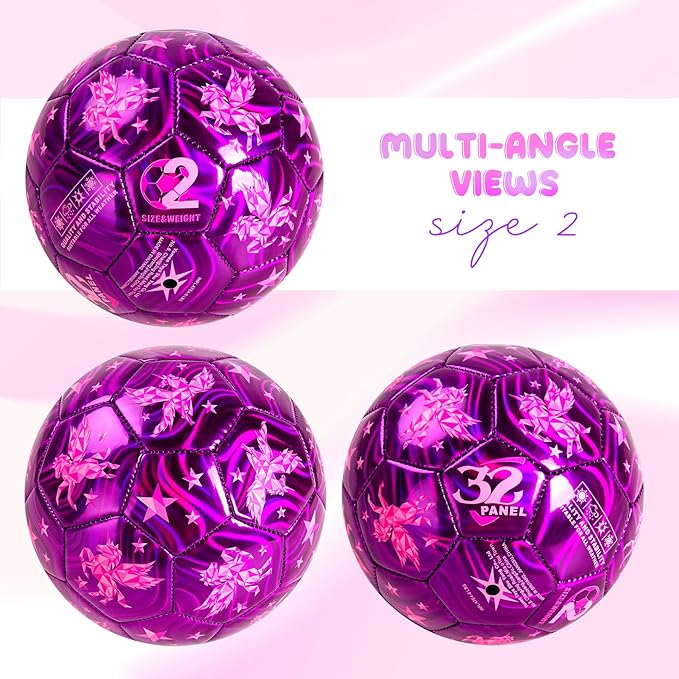 Soccer Ball Size 2 Size 3 Size 4 For Toddlers Kids Ages 1-3 3-8 8-12 - Glitter Unicorn Dinosaur Design - Sports & Outdoors Ball with Pump Deflated - Gift for Girls Boys Children Youth School Birthday