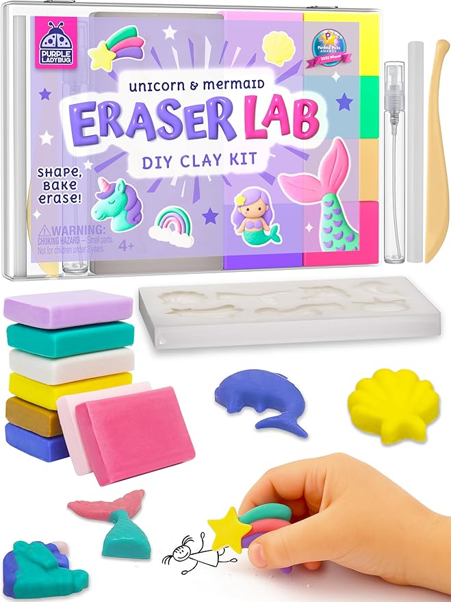 Eraser Lab DIY Clay Cute Eraser Kit for Girls - Unicorn & Mermaid Theme - Fun Craft Activity for Girls Aged 4 5 6 7 8 9 10, Back to School Supply, Birthday Gift Idea