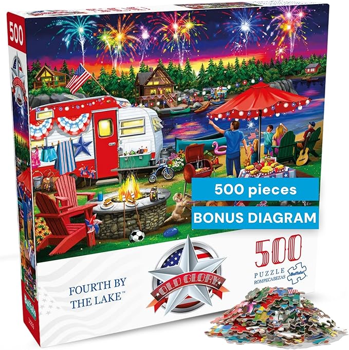 Buffalo Games - Fourth by the Lake - Nancy Wernersbach - 500 Piece Jigsaw Puzzle for Adults - Festive 4th of July Patriotic Puzzle with Fireworks - Finished Size 21.25 x 15.00