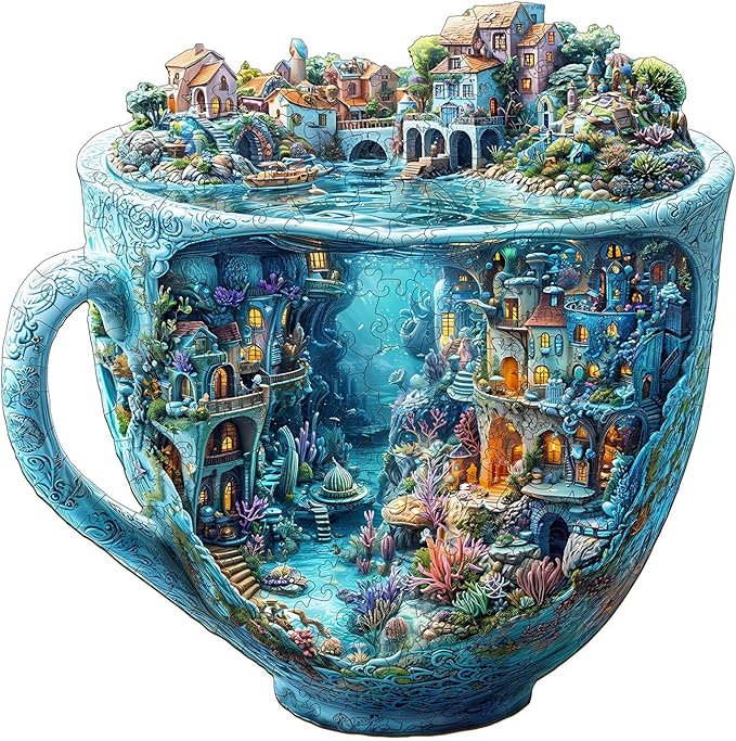 Wooden Puzzles for Adults, Ocean Mug Wooden Jigsaw Puzzle for Adults, Unique Shaped Wood Puzzles Adult, Dreamy City Scenery Puzzle, Fun Gifts & Home Decor (M-11.4 * 11.4in - 190 pcs)