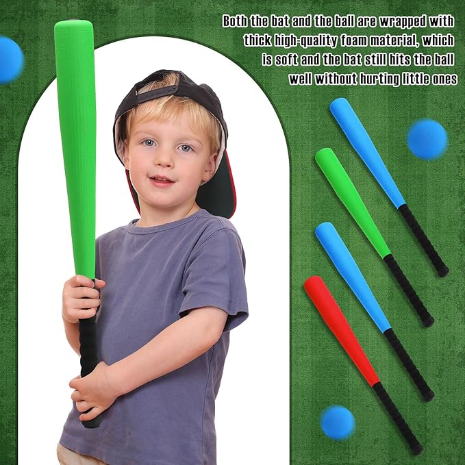 Wettarn 4 Pcs 24 Inch Foam Baseball Bat Foam Bat with Safe Soft Baseballs T Ball Set for Outdoor Indoor Sport Game Beginners Practice Playing Training(Red, Blue, Green)