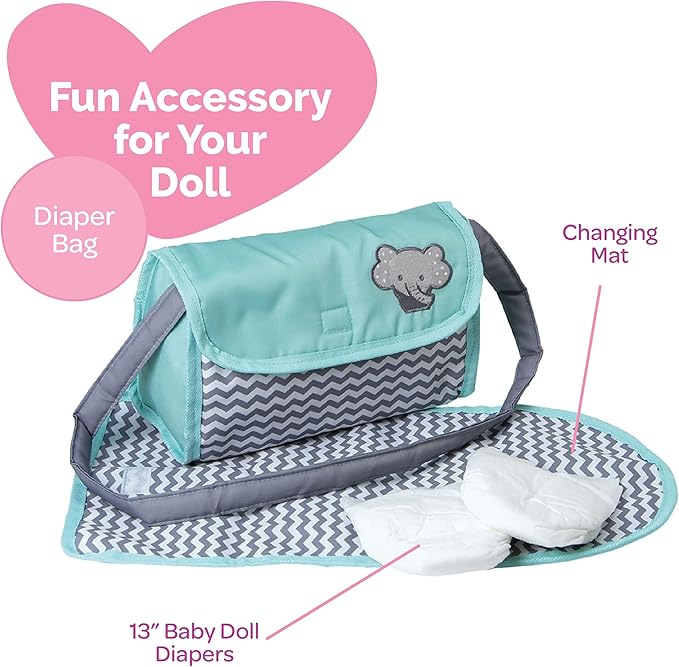 Adora Baby Doll Diaper Bag with Sturdy Straps, Includes Changing Mat and 2 Doll Diapers (Fits 13" Dolls), for Ages 3+ - Zig Zag Print