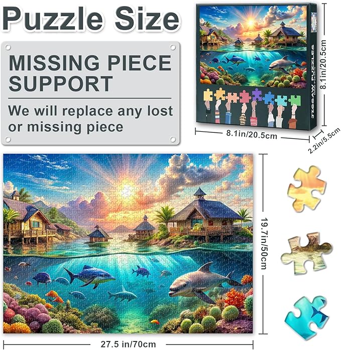 Underwater World Teeming Puzzles for Adults 1000 Pieces, Overwater Bungalows Jigsaw Puzzles, Adult Puzzle for Adults, Educational Fun Games or Toys for Elders Friends 20X27 INCH