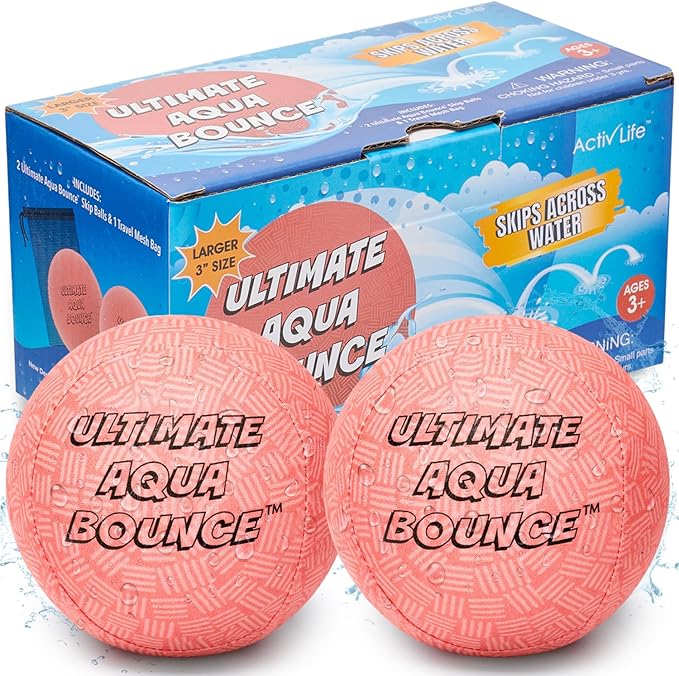 Activ Life Ultimate 2 Pack Larger 3” Water Skip Balls - Bouncing Balls for Swimming Pool & Beach Fun - Designs Include Baseball, Basketball, Volleyball, and Tennis for Kids, Friends, and Family
