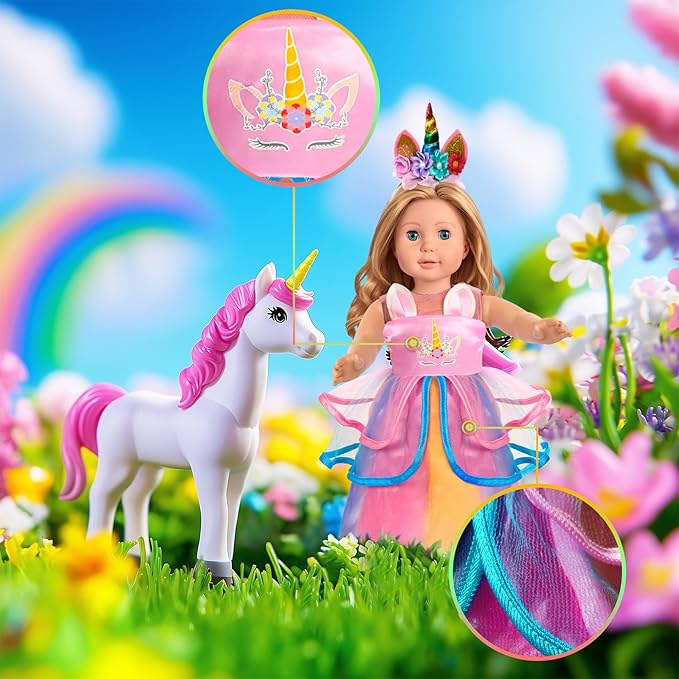 WONDOLL American 2-Sets 18-inch Doll Clothes Set - Amazing Rainbow Unicorn Clothes with Hair Clip and Headband - Compatible with All 18 inch Dolls Accessories for Kids -Pink（no Doll）