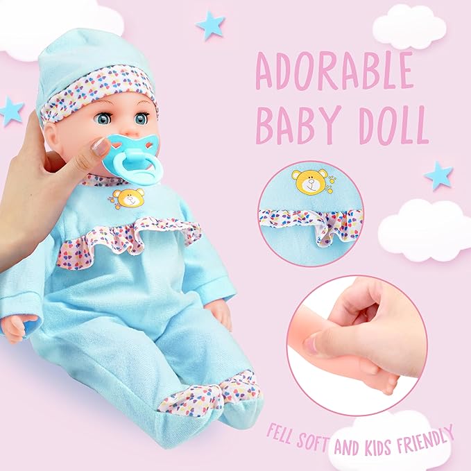 Toy Choi's Interactive Baby Doll - 16 Inch Crying Talking Feeding Dolls with Different Sounds and Accessories, Pretend Play Preschool Toys for 2 3 4 5+ Year Old Girls Boys Gift, Blue