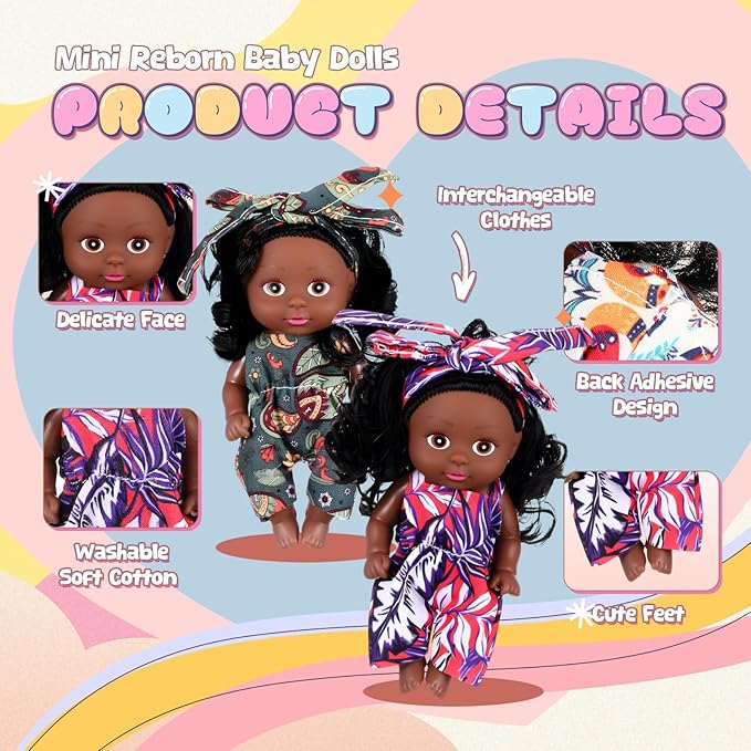Hanaive 10 Pcs 4 Inch Mini Baby Dolls Lifelike Realistic Tiny Baby Dolls with Animal Clothes Cute Infant Figurine Gifts Set for Toddlers Girls Kids 3+ Easter Graduation Birthday(Dark Skin Style)