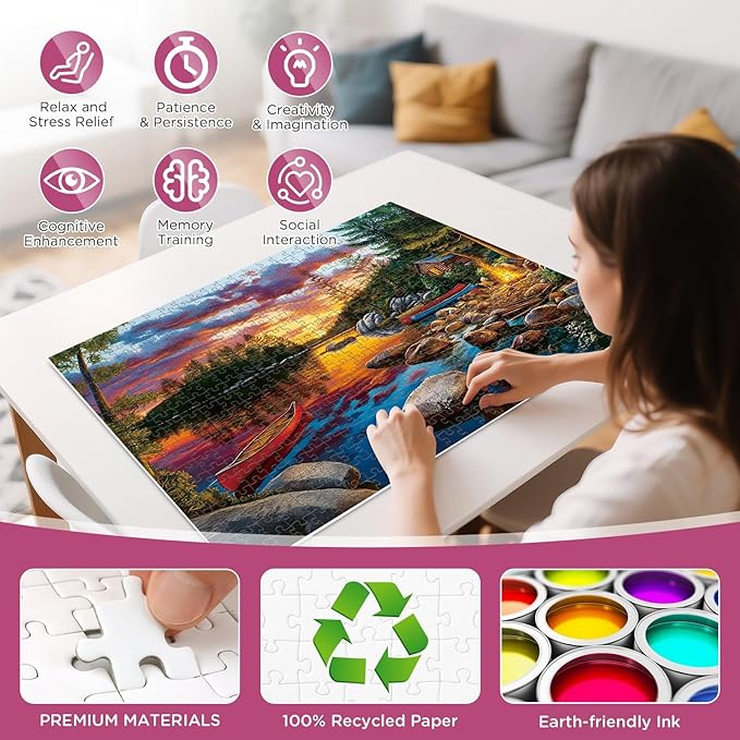 500 Pieces Puzzle for Adults, Sunset Lake Cabin Puzzle, Nature Landscape Boat Jigsaw Puzzles 500 Piece for Teens Adults Seniors, Fun Challenging Family Game Birthday Party Gift 20.5 * 15in