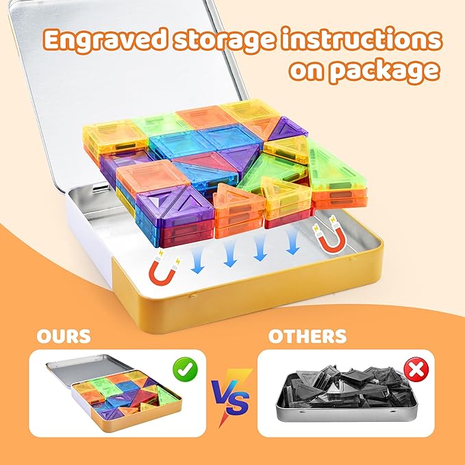 56PCS Mini Magnetic Tiles, Portable Magnetic Toy Travel Set for Kids, Includes Iron Storage Box, Puzzle Toy for Boys and Girls Ages 3+, Creative Building Toy Set, Holiday