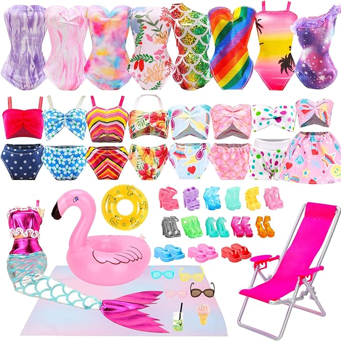 Lot 25 Pack Doll Bathing Suits Pool Accessories Set for 11.5 inch Girl Dolls - 6 pcs Swimsuits, 2 Pool Floaties, 4 Sunglasses, 8 Shoes, 1 Beach Chair, 1 Beach Towel and 3 Accessories