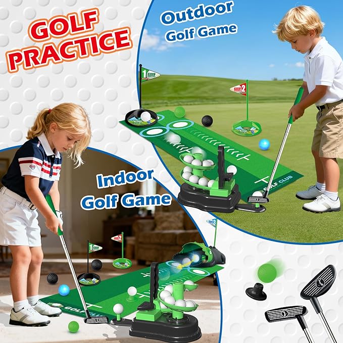 Upgraded Kids Toy Golf Set, 3 in 1 Golf Toys with Dinosaur Automatic Ball Returner & Ball Launcher Led Light Up Balls, Mini Golf Toy for Ages 3-8, Indoor Outdoor Sports Gift for Boys Girls