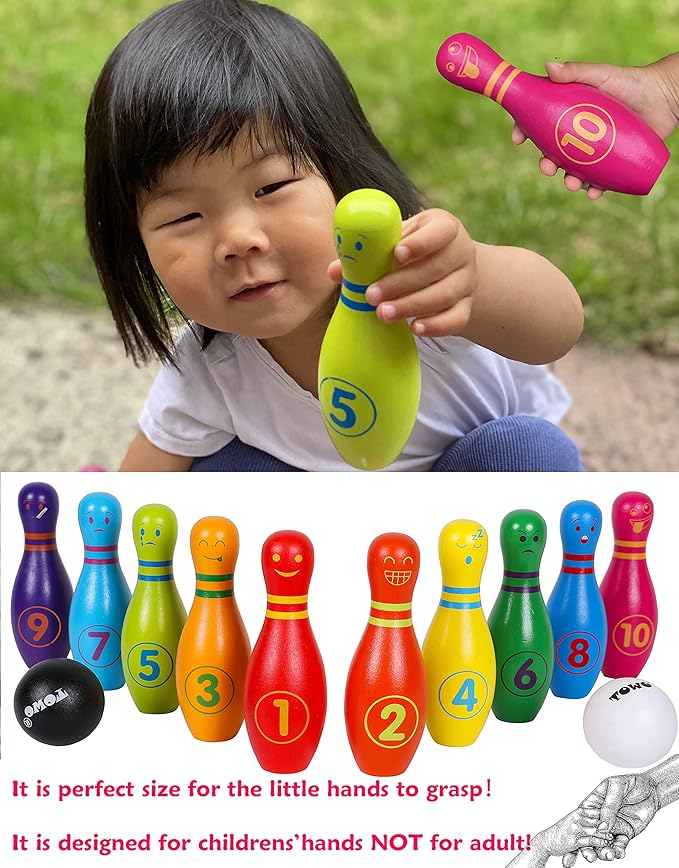 TOWO Wooden Skittles for Children - Skittle Set with 10 Facial Expressions and Numbers - 10 Pin Bowling Set for Kids Garden Toys- Wooden Toys for 2 Year Old