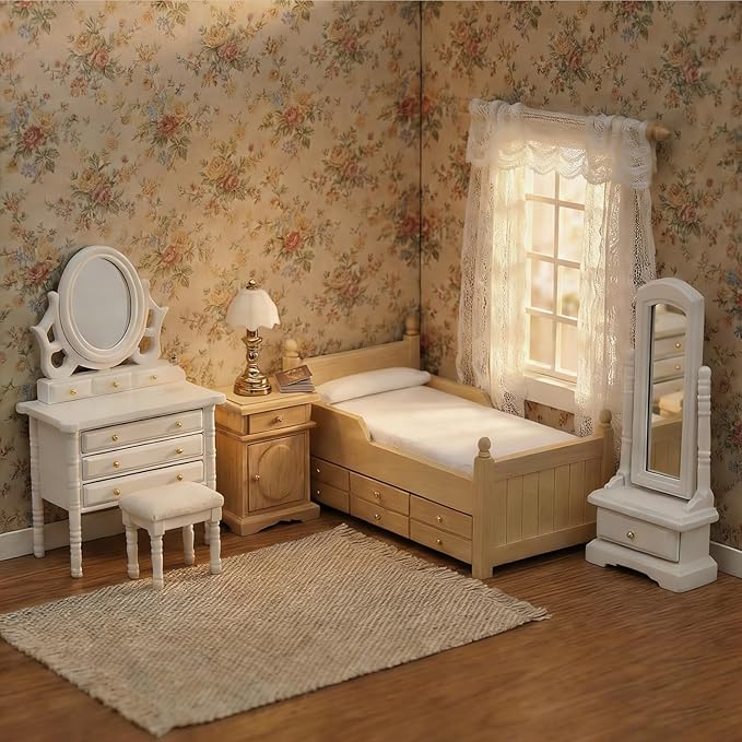 Dollhouse Miniature Bed with Drawer 1:12 Wooden Furniture European Bedroom Bedding Furniture Accessories with Pillow & Mattresses Vintage Floral Fabric Mini House Decoration (Woody)