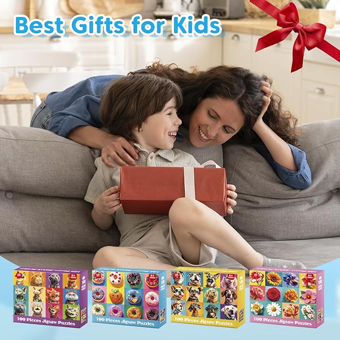 4 Packs 100 Piece Puzzles for Kids - Dogs Cats Donuts Flowers Puzzles for Kids Ages 4-6 6-8 8-10, Large Piece Puzzles for Kids & Seniors Adults Jigsaw Puzzles Educational Gifts for Girls Boys