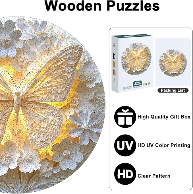 Wooden Puzzles for Adults, 210 Pieces Round Unique 3D Butterfly & Flower Shaped Wooden Jigsaw Puzzle, Easter Gift for Mom, for Adult Puzzle Lovers