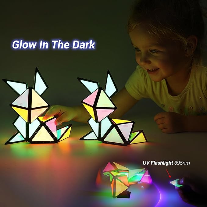 TOSY Magnet Pyramid Glow - 1 Cube Transforms into 1 Billion Shapes (Bunny, Egg, Flowers, Heart), Easter Basket Stuffers Gift, 12 pcs, 243 Magnets, Glowing, Holographic Design, Puzzle/STEM Toy, 4-Pack