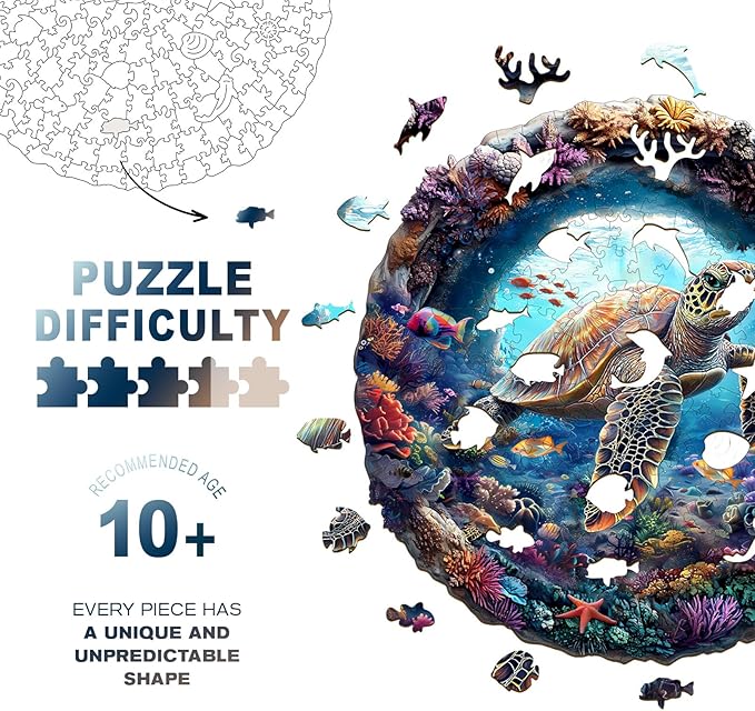 Wooden Puzzles for Adults, 3D Vision Turtle Wooden Jigsaw Puzzles with Unique Shape, Adult Jigsaw Puzzle, Birthday Gifts for Adults, 11.4"x11.4"-200pcs