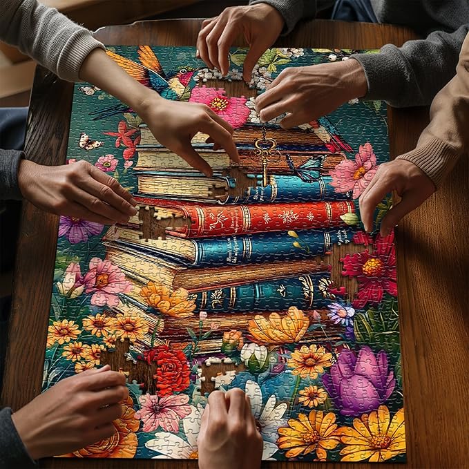 PICKFORU Wildflower Pages Jigsaw Puzzle for Adults, Hummingbird Vintage Book Puzzles, Retro Plant Flower Puzzle 1000 Pieces