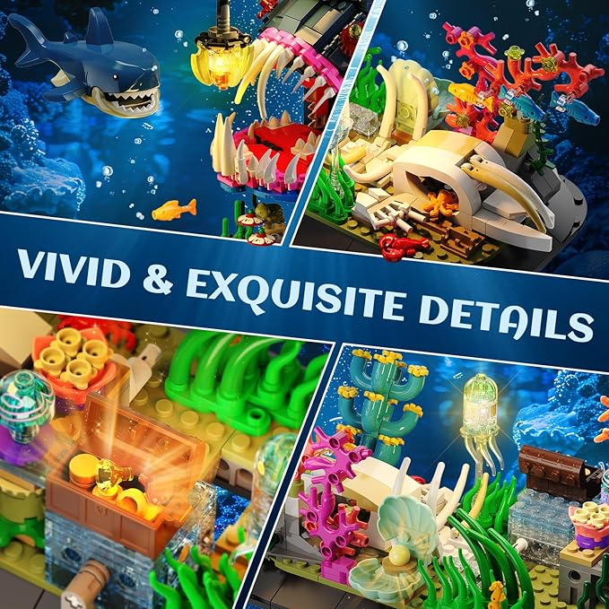Mechanical Angler Fish Building Set with Lights, Movable Lantern Fish Building Blocks Toy with Shark Jellyfish, 1139 PCS Ocean Animal Building Kit, Home Decor Gift for Adults Teens Boys 12+