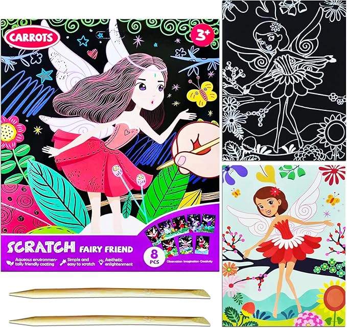 JUNQIU Scratch Art for Kids, Princesses Black Rainbow Scratch Art Paper Set-Arts and Crafts Kits & Supplies, Party Games & Activity, Gifts for Toddlers Girls Birthday Christmas