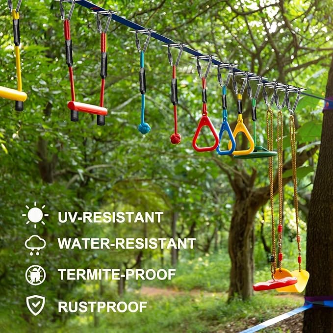 Ninja Warrior Obstacle Course for Kids Backyard-65ft Slackline Kit with 13 Obstacles, Upgraded Quick-Install Buckles No Threading, Install Anywhere, 900lbs Capacity, Easy Setup Backyard Playground Set