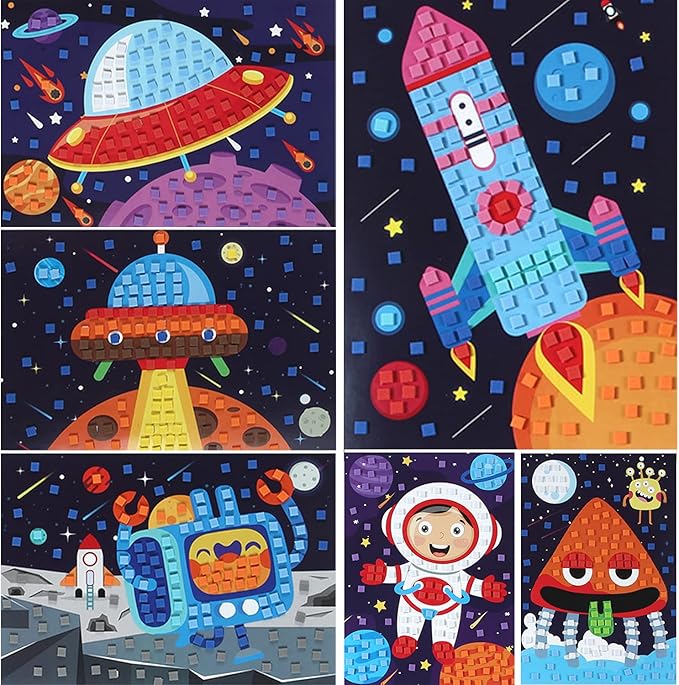 LZHZH Mosaic Sticker Art for Kids - 6 Pack Space Adventure DIY Craft Kits with Astronaut, Rocket, Space Station, Alien, Spacecraft, Robot, Easy Peel Stickers for Ages 3-8