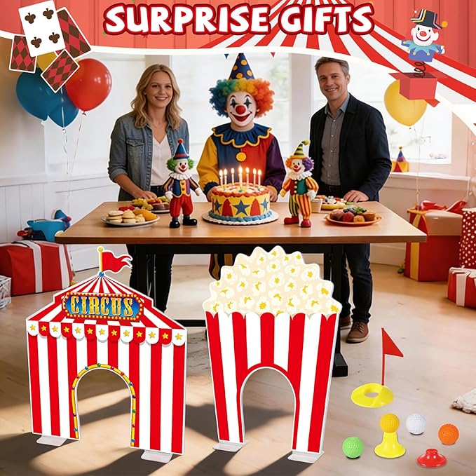 19 PCS Carnival Party Mini Golf Game Set Circus Tent Popcorn Game Set Include Clubs Balls Carnival Themed Obstacles for Groups Circus Birthday Golf Gaming Indoor Family Party Decoration