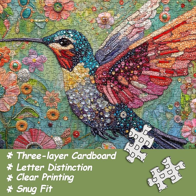 Hummingbird Puzzles for Adults 1000 Pieces, Nature Birds Flower Jewel Art Puzzle, Difficult Crystal Diamond Beautiful Garden Animals Jigsaw Puzzles, Colorful Floral Hard Challenging Puzzles for Adults
