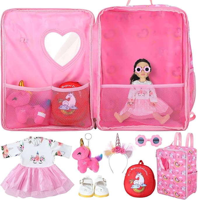 Wettarn 18 Inch Doll Carrier Set with Clothes and Accessories Including Doll Travel Bag, Dress, Shoes, Sunglasses, Backpack and Unicorn for Unicorn Birthday Gift (Cute,Red)