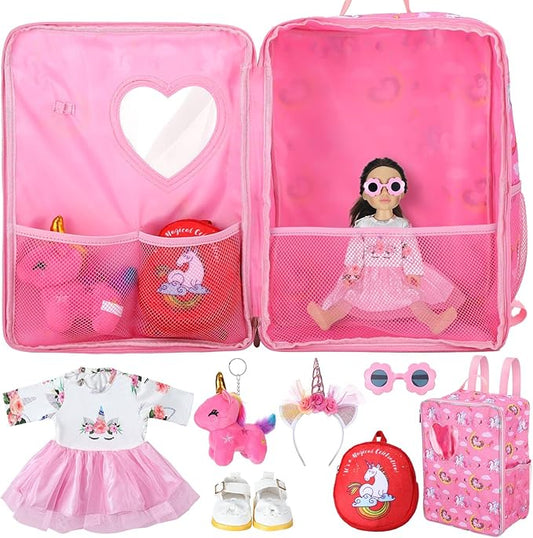 Wettarn 18 Inch Doll Carrier Set with Clothes and Accessories Including Doll Travel Bag, Dress, Shoes, Sunglasses, Backpack and Unicorn for Unicorn Birthday Gift (Cute,Red)