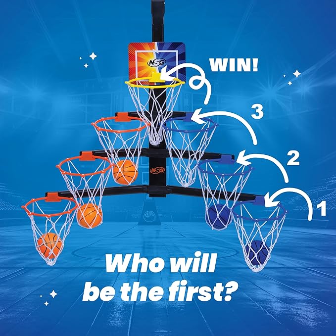 NSG Over The Door Basketball Hoop - Adjustable Height 7 Hoop Race Pyramid with 8 Mini Foam Balls & Carry Bag, Wall-Mounted, Easy Setup, Kids Indoor/Outdoor Game for Ages 5+ Years