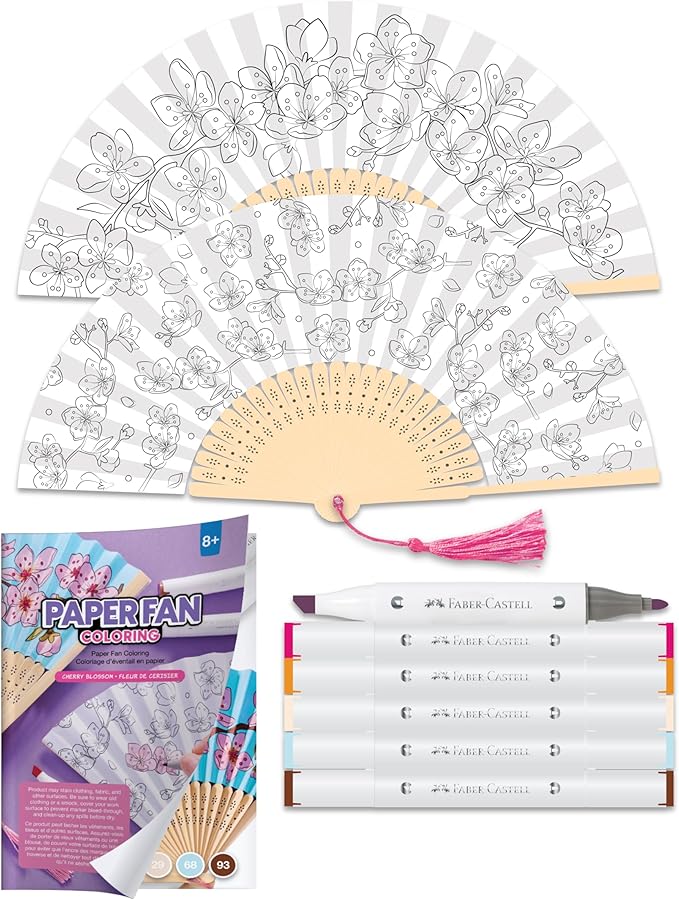 Faber-Castell Paper Fan Coloring Kit: Cherry Blossom | Folding Fans with Dual-Tip Markers & Pre-Printed Designs | Relaxing DIY Craft, Kids Activities and Easter Basket Stuffers (2 Fans, 6 Markers)