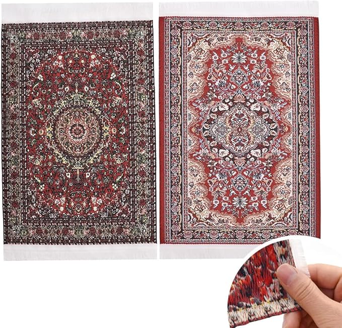 iLAND Miniature Dollhouse Accessories Victorian of Carpet for Dollhouse Furniture on 1/12 Scale and 3” - 12” Dolls, Woven Dollhouse Rugs 6” x 3.8” (2pcs Love)
